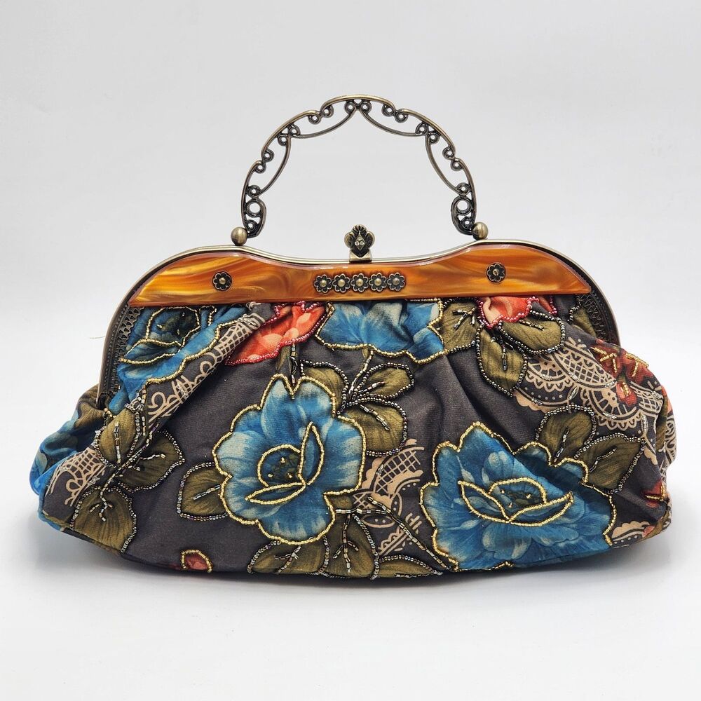 Vintage Beaded Blue Floral Hinge Metal Handle Handbag Crossbody Bag
